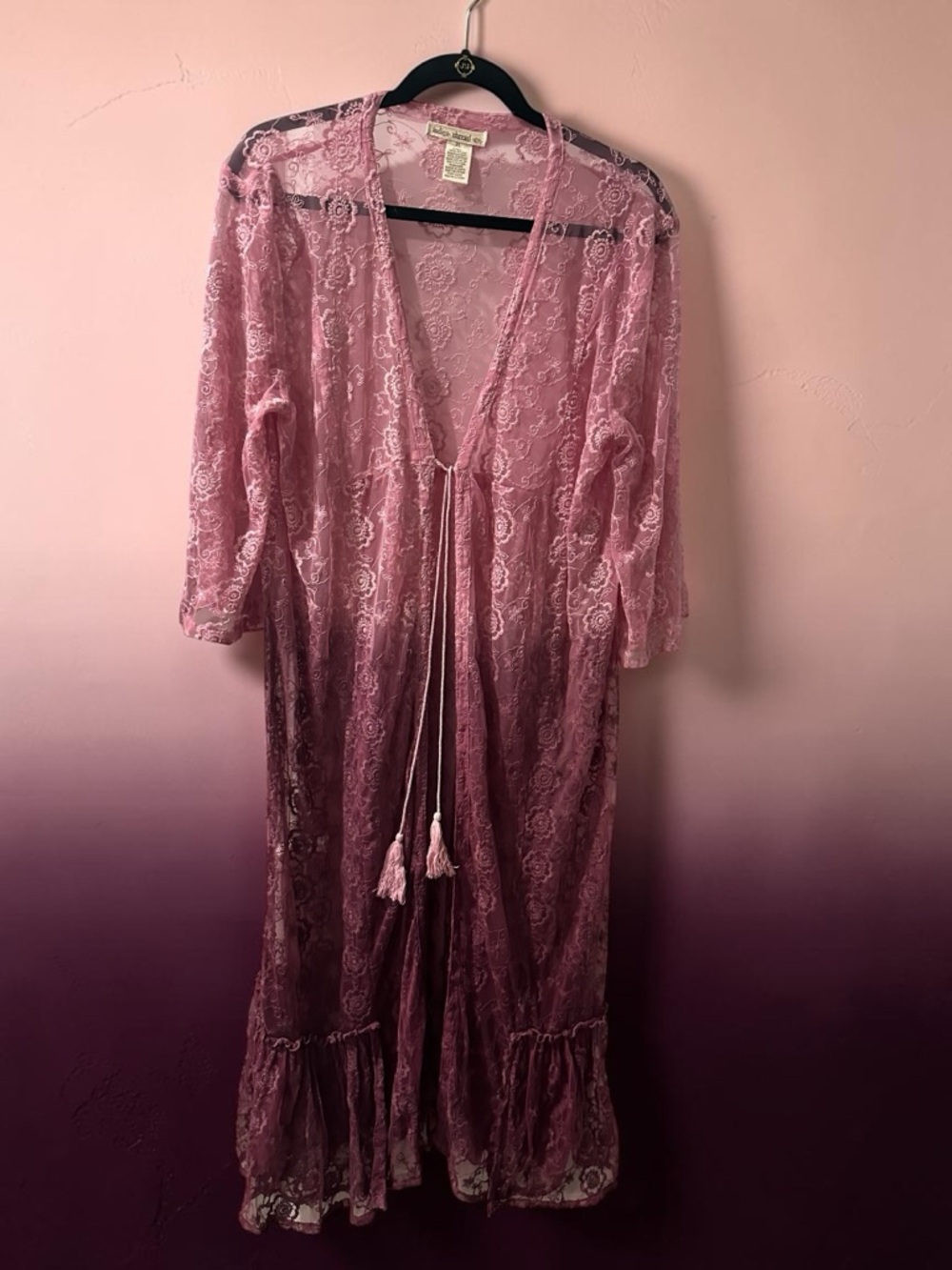Indigo Thread Co. Mauve Pink Sheer Floral Lace Duster Kimono Cardigan Tie Front - Picture 6 of 8